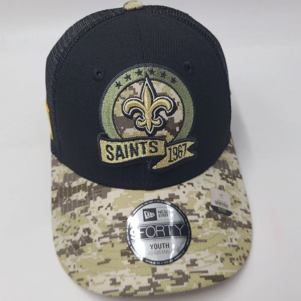 Youth New Orleans Saints Hat Snapback Trucker Mesh New Era 9Forty Black Camo NFL